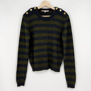 Vanessa Bruno Wool Sweater Small Green Blue Striped Crew Neck Gold Buttons Italy